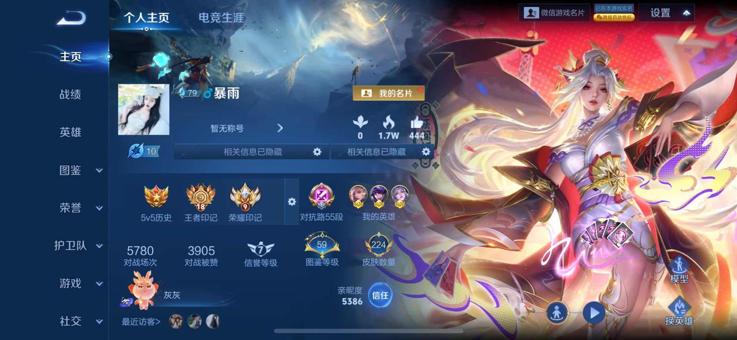 王者荣耀账号苹果VX127英雄-224皮肤-WMWZ304+【V8极品号 55段对抗路 43段打野 10金标 多银标 金